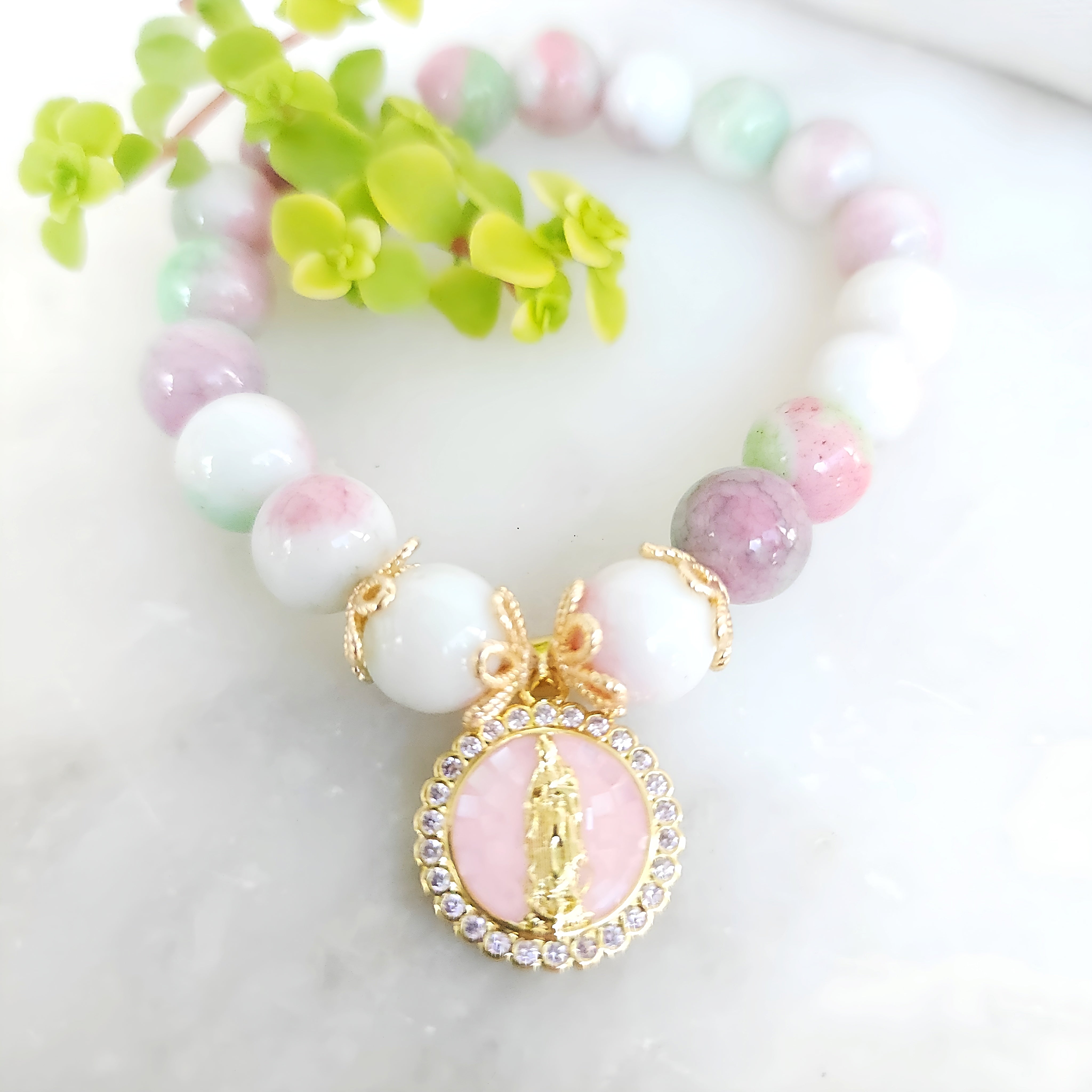 Mary's Spirit Pink and Green bead bracelet