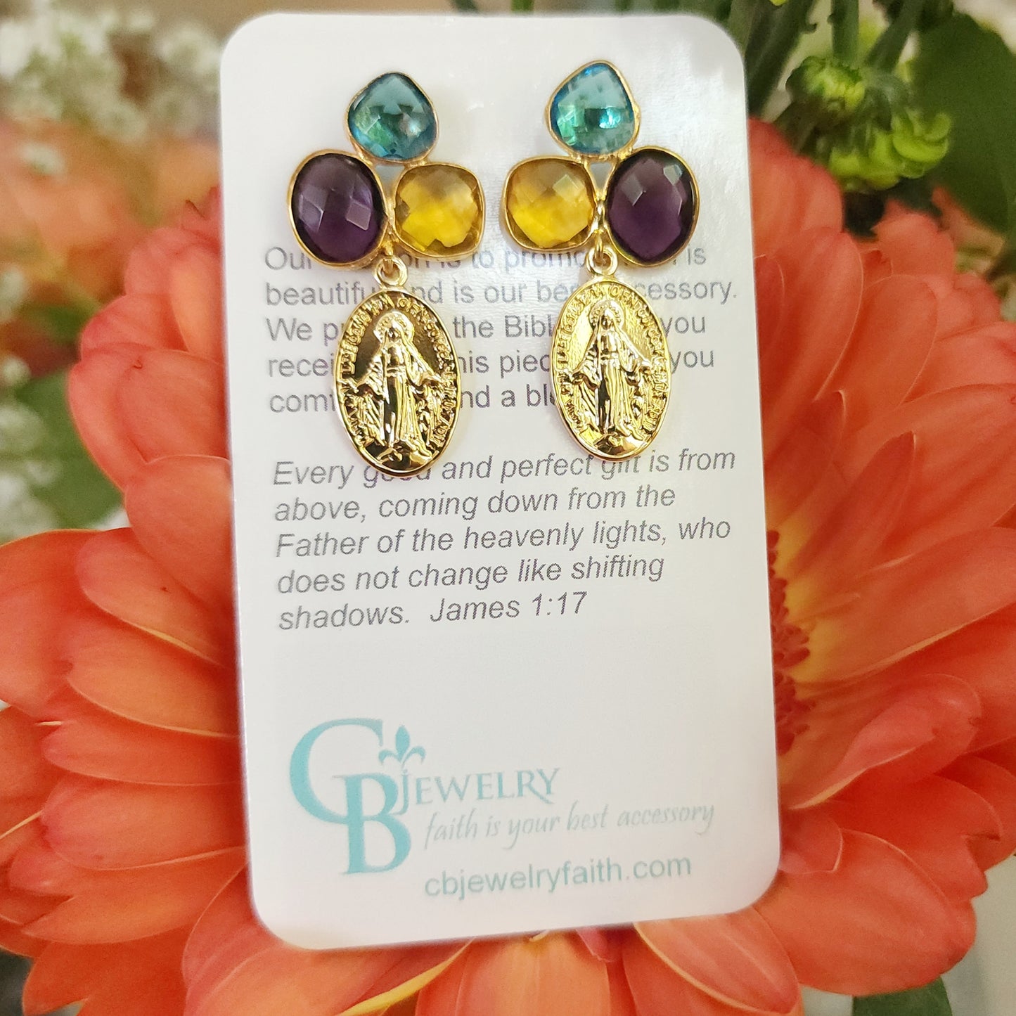 Unique Miraculous Mary Earrings, Multi-stone post