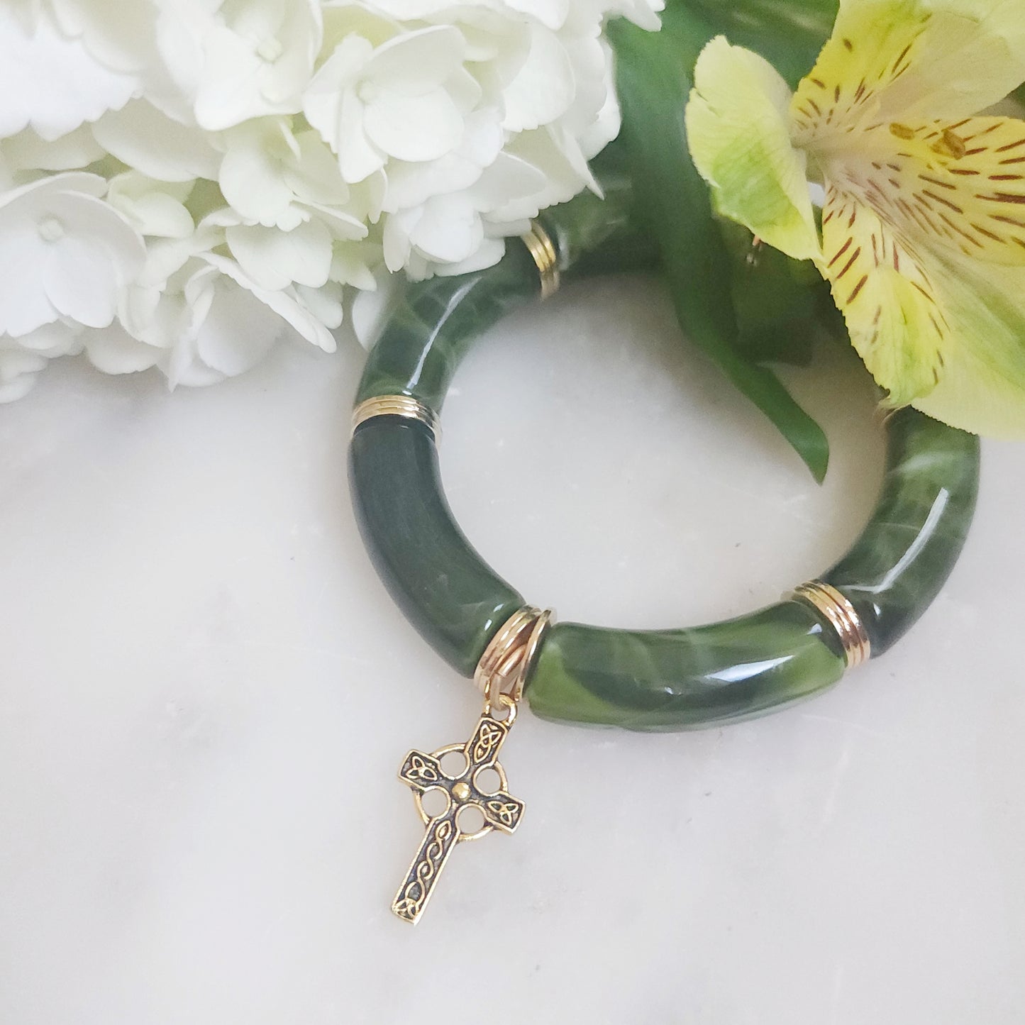 St. Patrick's green bamboo bangle with Celtic Cross