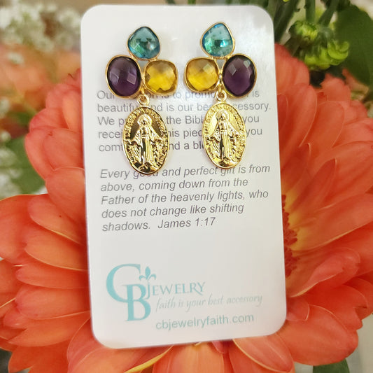 Unique Miraculous Mary Earrings, Multi-stone post